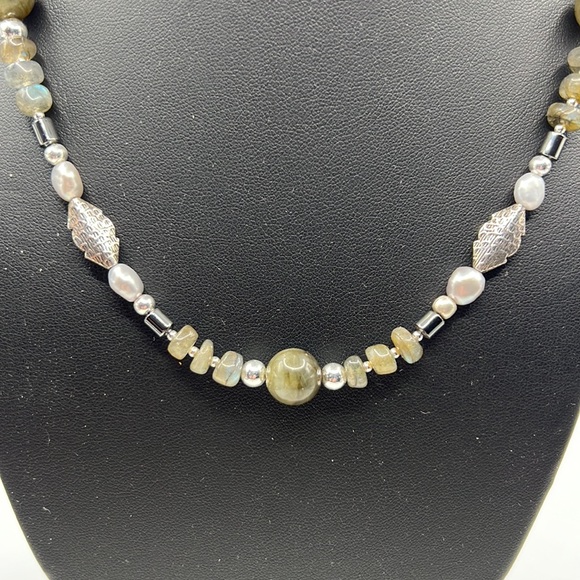 LABRADORITE, PEARL, HEMATITE, AND STERLING SILVER NECKLACE 17.75” - Picture 2 of 13